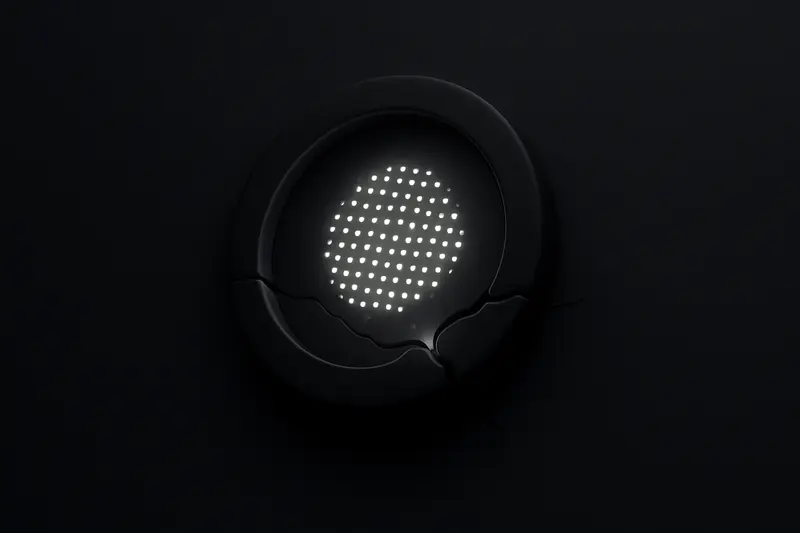 Neon pink and violet dot-grid wave piercing a fractured circular ring on a black, futuristic background with faint sparks.