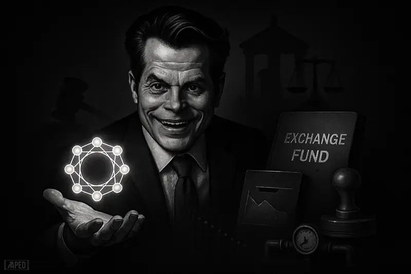 Caricature of Anthony Scaramucci pitching a node-ring crypto network amid regulatory symbols and ETF paperwork, while dim usage charts slide downward.