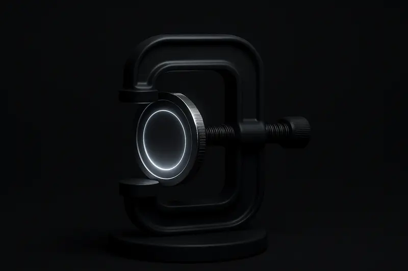 Glowing polygonal coin encircled by a tightening metal clamp and fading particle stream, on a dark futuristic background.