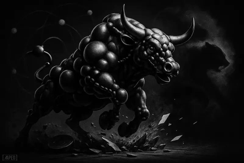 A monochrome bull made of connected nodes charges upward as a smoky bear retreats against a dark data-grid background.