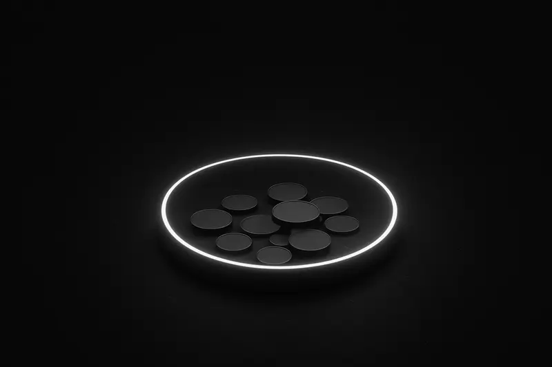 On a black background, a neon violet ring tightens around floating metallic dots, with subtle gridlines and faint dust.