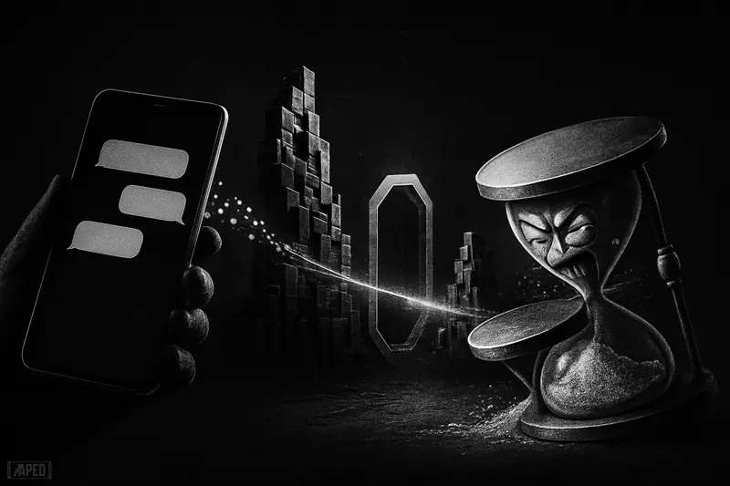A grayscale smartphone chat flow becomes a lightning-fast bridge between two blockchains, crushing a strained hourglass in the dark.
