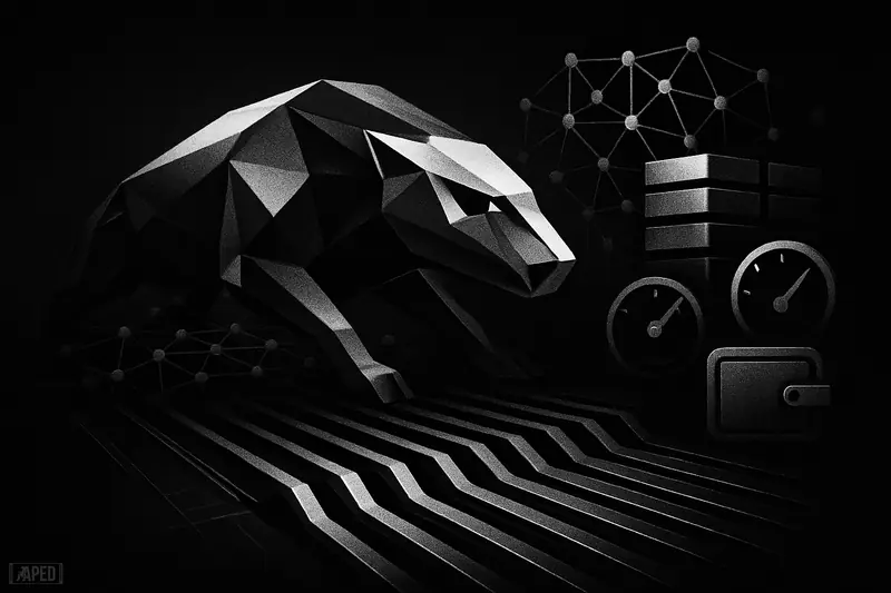A grayscale polygonal machine-beast charges along metallic payment rails as blockchain nodes and locked transaction blocks form behind it.