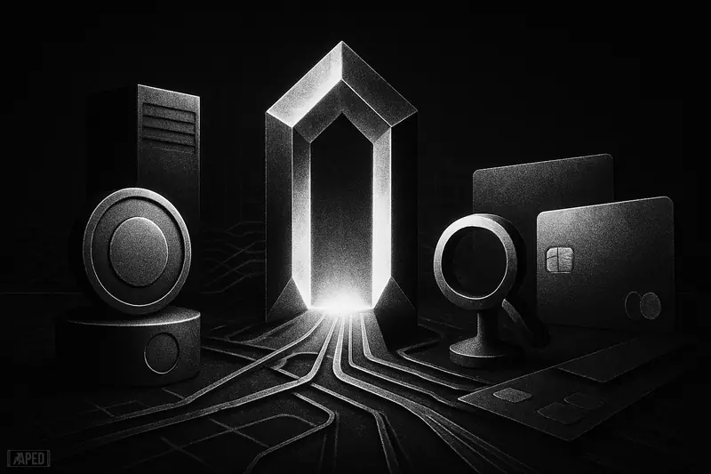 A crystalline polygon gateway anchors a dark network of payment rails, cloud infrastructure, and abstract finance symbols in monochrome grayscale.