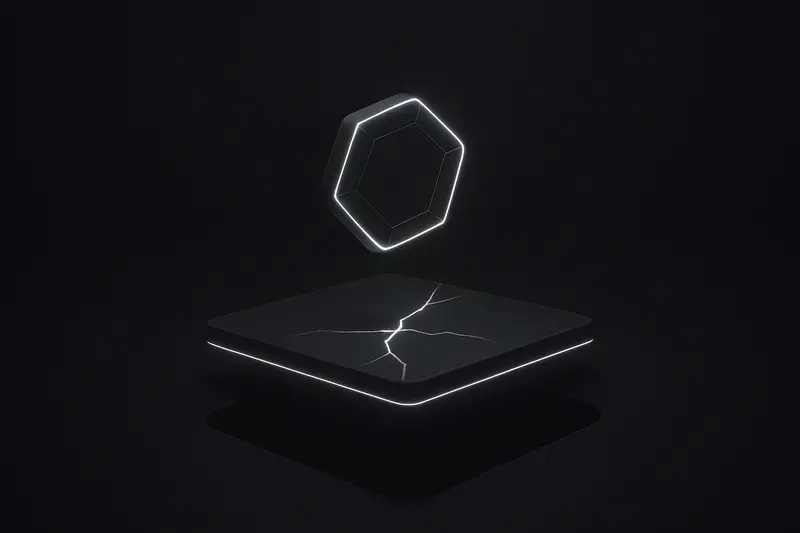 Glowing purple polygonal coin hovering above a cracked neon floor, with jagged downward light streaks on a black background.