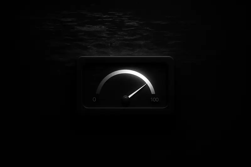 A neon-green probability gauge hovering above a black field, while red glitch static and torn screenshot fragments swirl around it.
