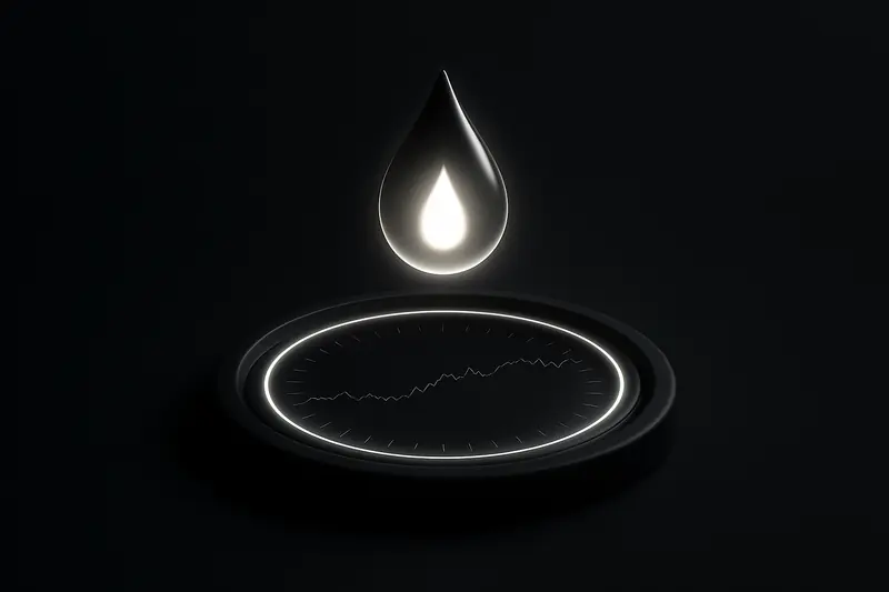 A glossy black oil droplet hovering above a luminous circular market dial with green and red pulses on a dark background