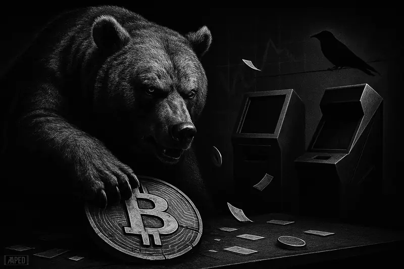 A giant bearish creature presses down on a Bitcoin symbol as prediction-market machines loom in a dark grayscale trading scene.