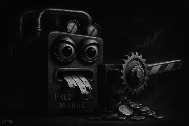 A grim, photorealistic prediction-market console with an exaggerated toll gate squeezing liquidity pipes, set against a dark data-grid background.