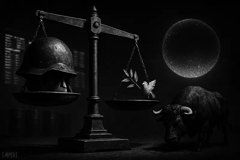A grayscale war-room market scene with a tilted scale, war helmet, wilted peace symbols, anxious bull, and ominous oil shadows.