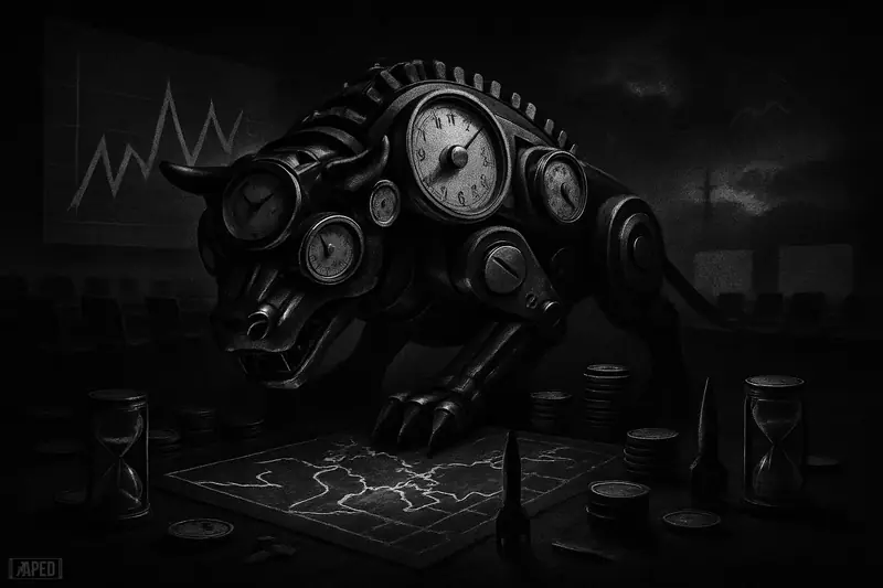 A monochrome mechanical betting beast looms over a war map table, surrounded by market tokens, hourglasses, and ominous strike imagery.