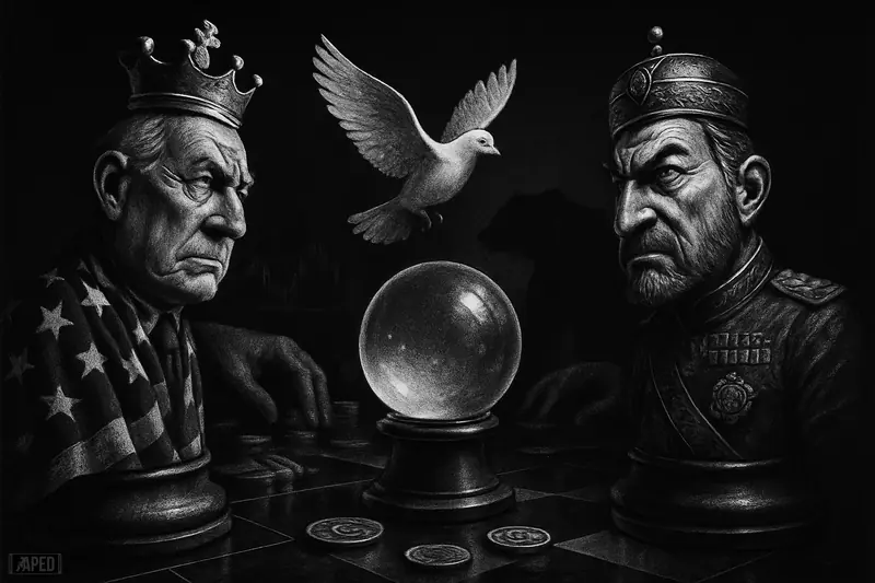 Two rival military king figures ease back across a dark trading floor as a dove descends over a glowing prediction-market crystal ball.