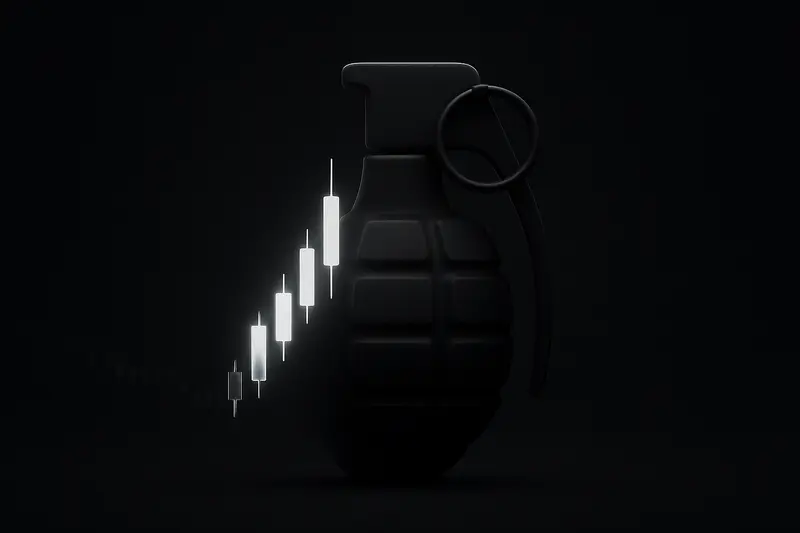 Neon candlestick chart lines twist into a grenade shape, glowing on a dark background with scattered red sparks.