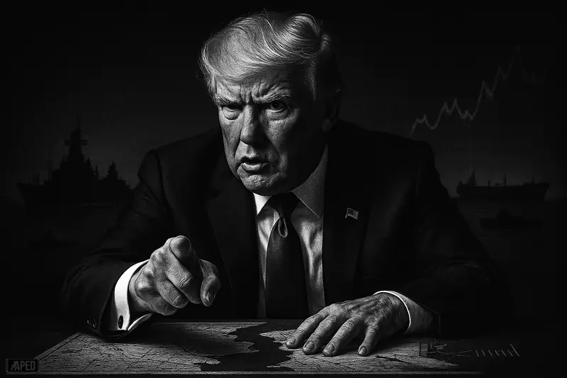 Trump caricature at a dark war-room table, pointing over a narrow sea passage with shadowy ships and market signals behind him.
