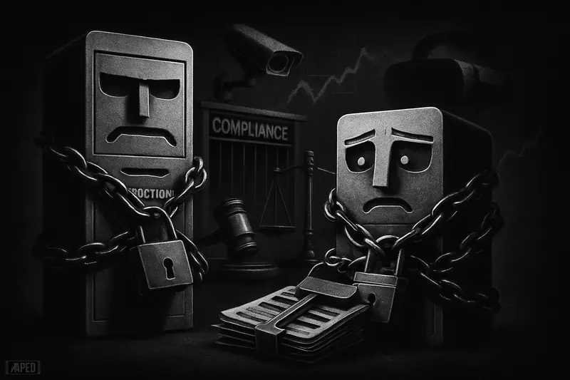 Two chained, lock-bound trading terminals glare under a gavel and scales, watched by CCTV against a dark data-grid background.