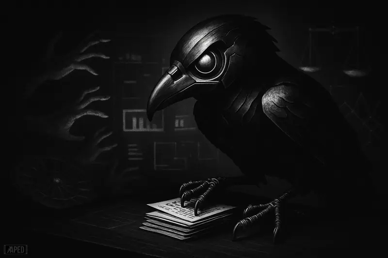 A mechanical raven trading bot dominates a dark market desk as ghostly retail hands and betting symbols fade into a black grid background.