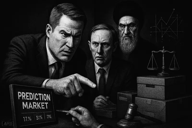 Three political caricature figures confront a shuttered prediction market setup amid legal symbols, military cues, and a dark data-grid backdrop.