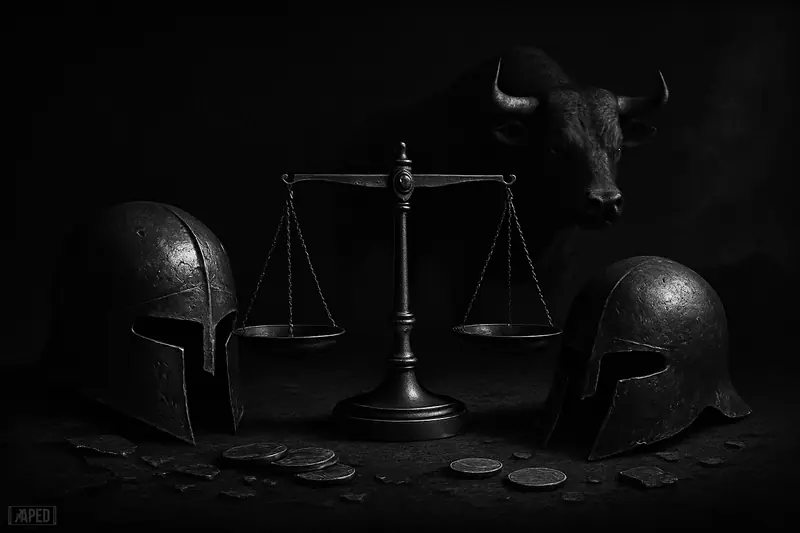 Two lowered war helmets flank a balanced scale as a shadowy bull emerges behind them in a dark grayscale financial-geopolitical scene.