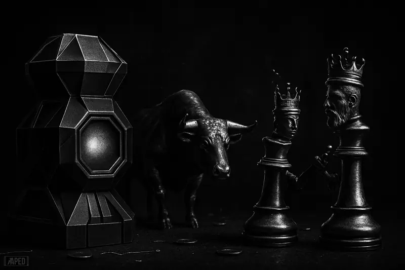 A dark grayscale scene shows a prediction-market machine, two de-escalating chess kings, and a cautious bull advancing in a tense financial atmosphere.