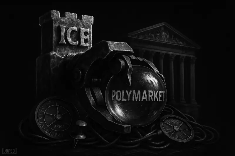 An icy exchange fortress grips a reflective market orb before a shadowy neoclassical trading hall in a dark grayscale financial scene.
