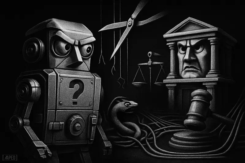 A grayscale futuristic market machine and courthouse mechanism stand over cut puppet strings and restrained snake-like manipulation symbols.