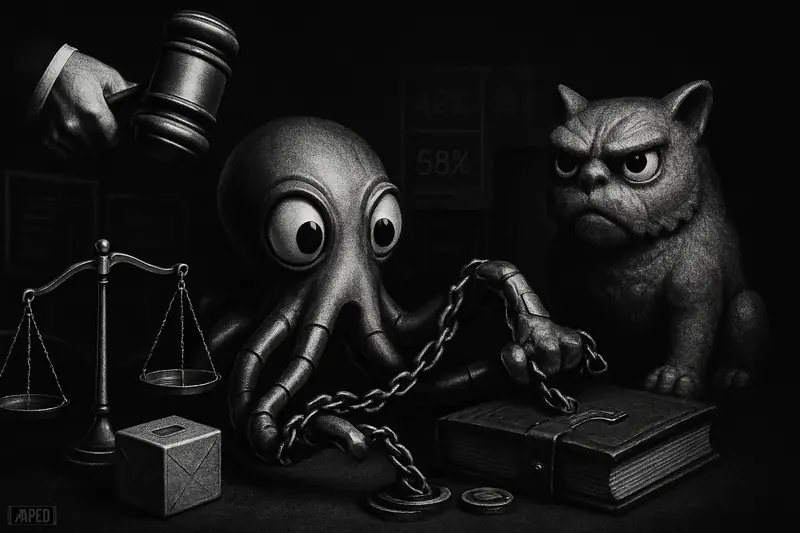 A grayscale cinematic trading-floor courtroom shows a restrained mechanical octopus and a stern guardian enforcing rules over prediction market objects.