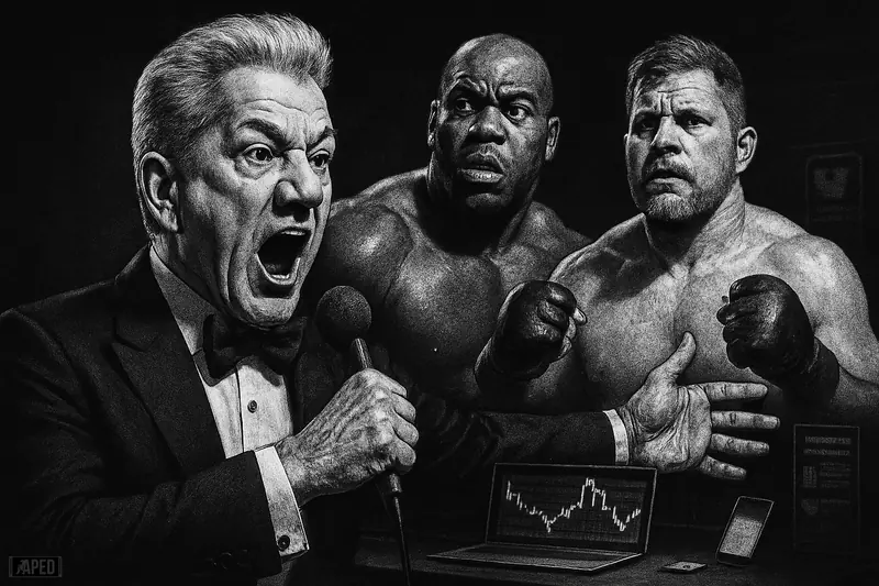 Bruce Buffer dramatically announces between Tyrell Fortune and Marcin Tybura as prediction-market screens imply a sudden crash and rebound.