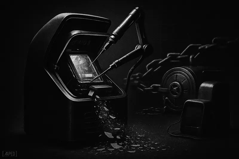 A futuristic market machine is upgraded while an older one shuts down, with erased orders and blockchain vault elements in a dark grayscale scene.