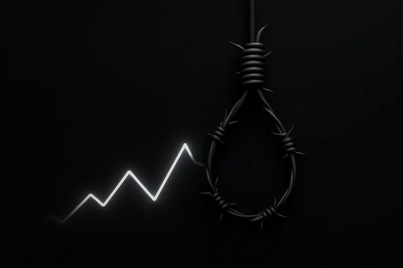 Neon-green trading chart line twists into barbed wire over a dark globe, with scattered red warning sparks on black.