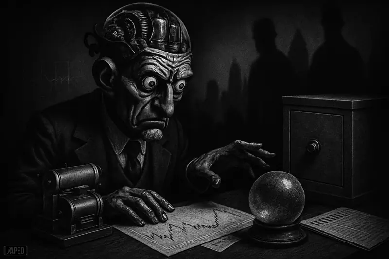 A wary vintage humanoid machine studies stock papers at a dark desk, torn between forecasting tools and sealed historical archives.