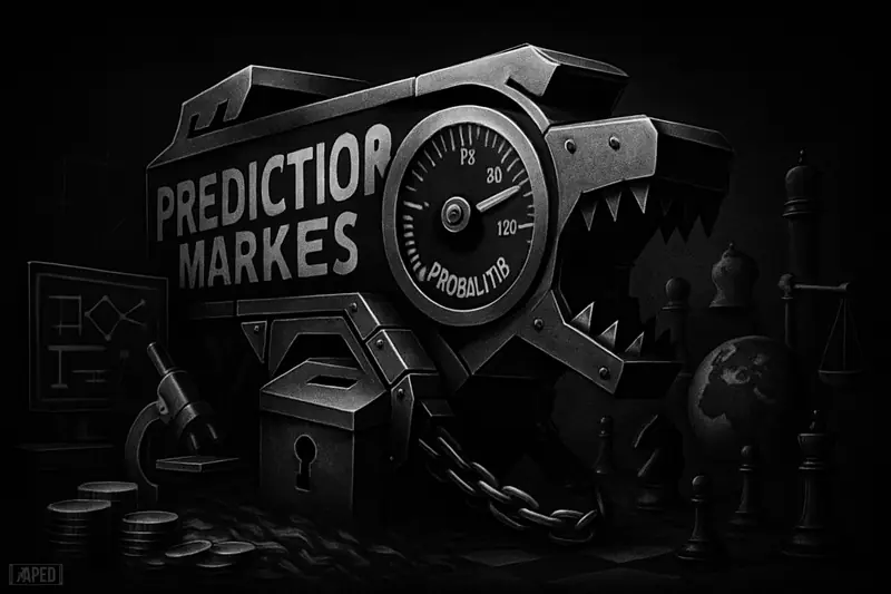 A dark mechanical betting beast charges through a shadowy prediction market arena, with political symbols, blockchain motifs, and forensic lab props behind it.