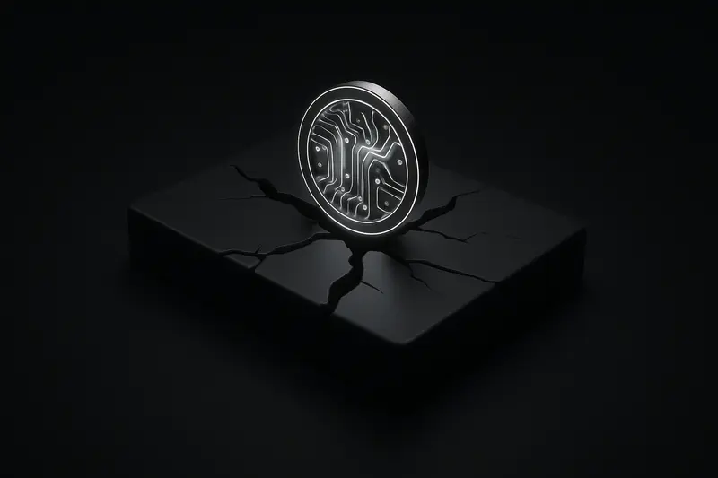 Cracked obsidian bond tablet sinking into shadow, while a glowing neon circuit-etched coin rises, casting light over falling chart bars.