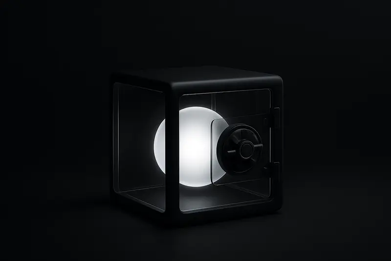 A luminous coin-like orb sealed inside a clear cube, surrounded by dark liquid waves and faint circuit lines.