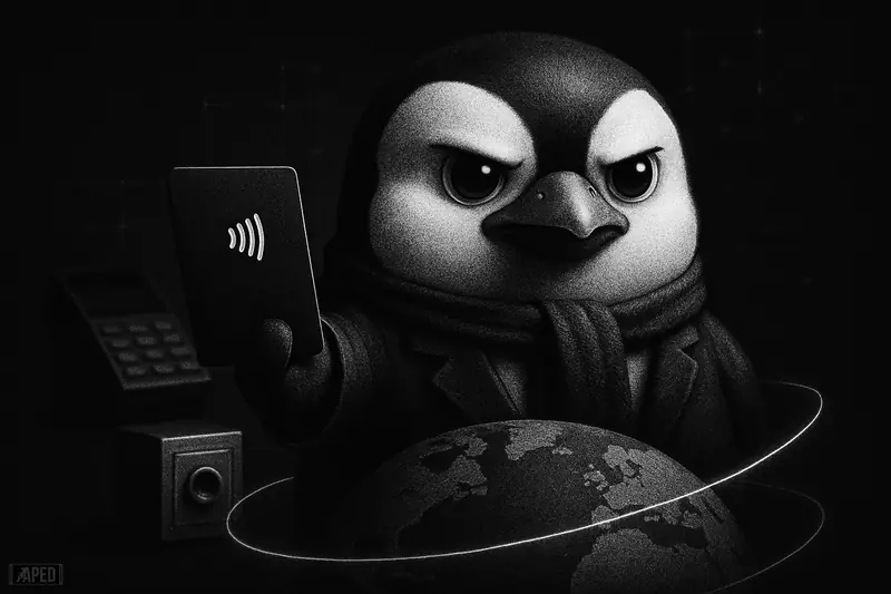 A round, determined penguin mascot holds a contactless card over a globe, with payment terminal and data-grid darkness behind.