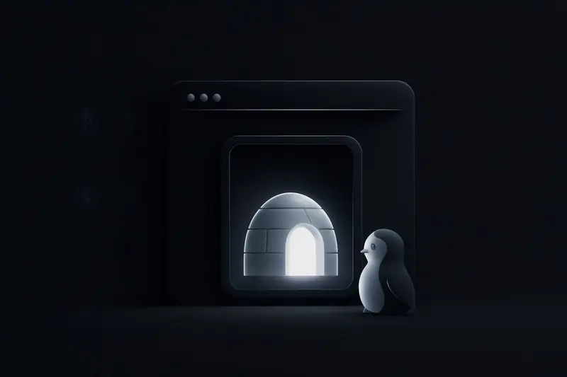Neon-blue igloo-shaped portal floating inside a dark browser window frame, with pixel snow and faint chart-like light trails.