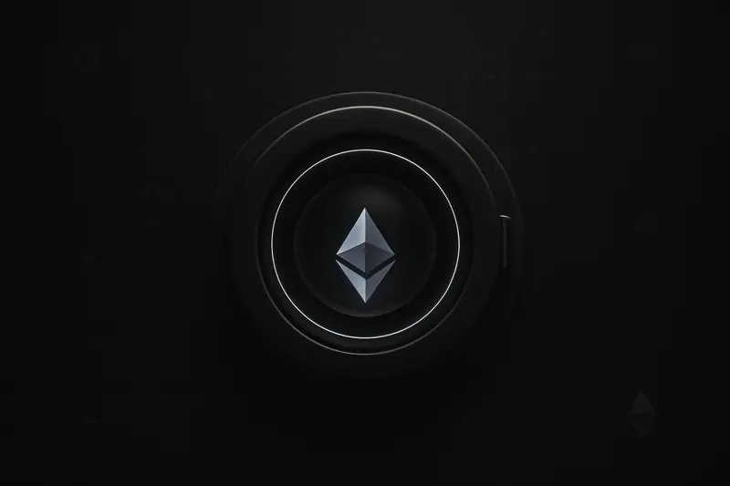 Glowing faceted crystal encased in a brushed-steel vault sphere, with faint circuitry rings on a dark background.