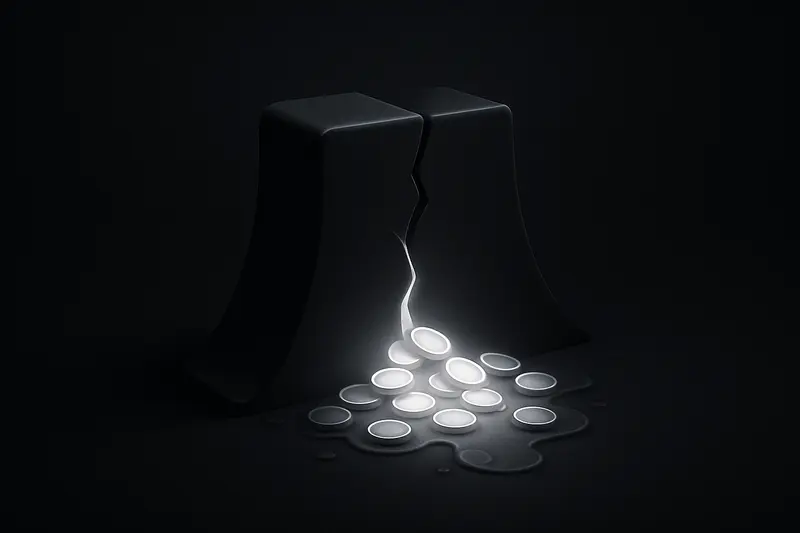 Cracked obsidian dam holding back a glowing neon liquid with coin-like droplets, faint blockchain grid behind on black.