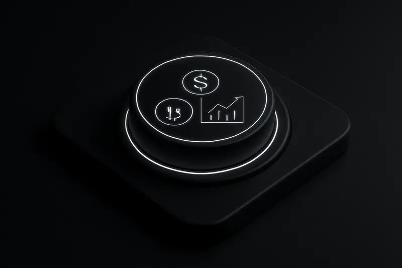 Dark neon interface showing a glowing button transforming into a circular dial with many colored token-like dots on black.