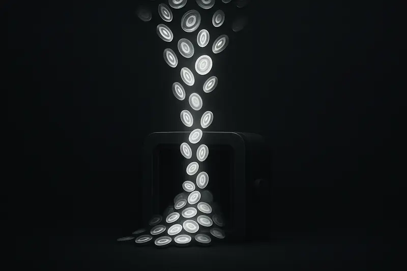 A cascade of glowing coins pours into a black funnel shaped like a vault, on a dark futuristic background.