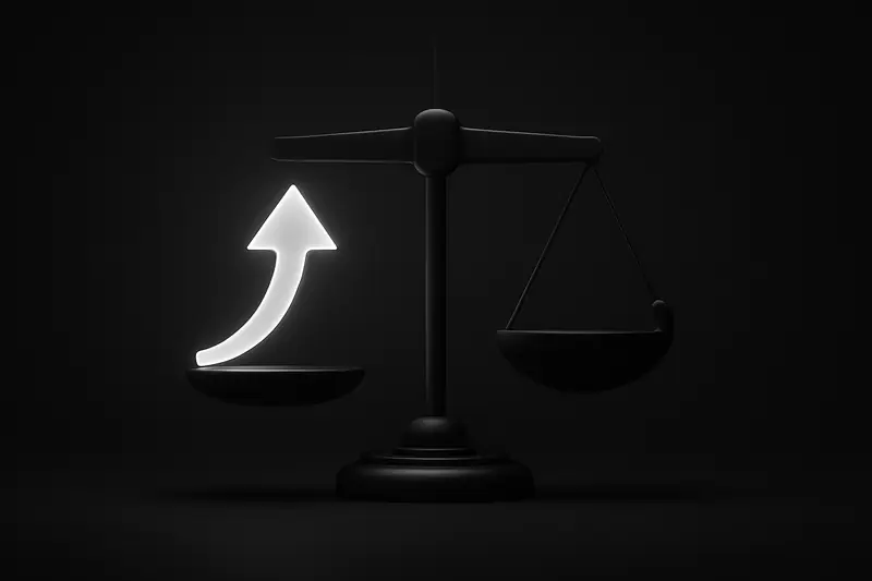 On a black background, a sleek metallic balance scale holds a glowing upward arrow opposite a dark curved hook and faint grid lines.