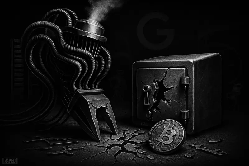 A sinister quantum machine looms over a cracking wallet vault and threatened Bitcoin symbol in a dark grayscale data-grid scene.