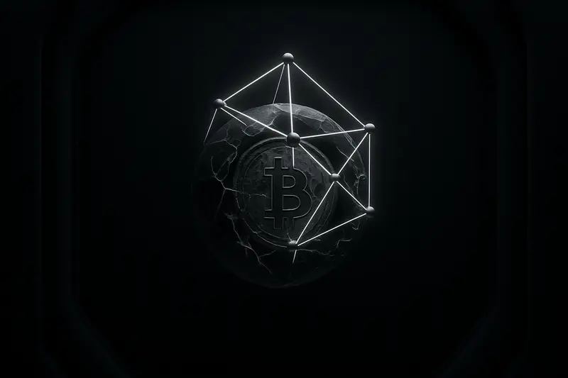 A dark metallic coin-like sphere trapped in cracked ice, pierced by a glowing neon lattice of quantum-circuit lines on black.