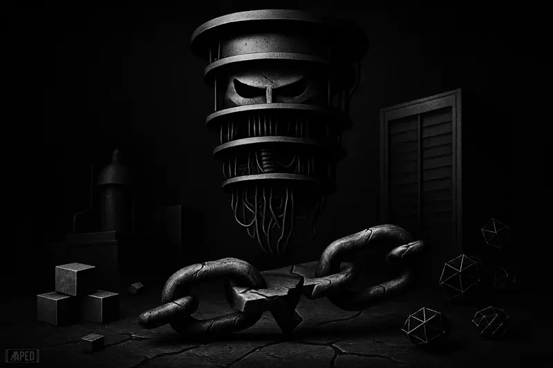 A looming quantum machine caricature towers over broken locks and chain links in a dark lab-like scene with ominous grayscale lighting.