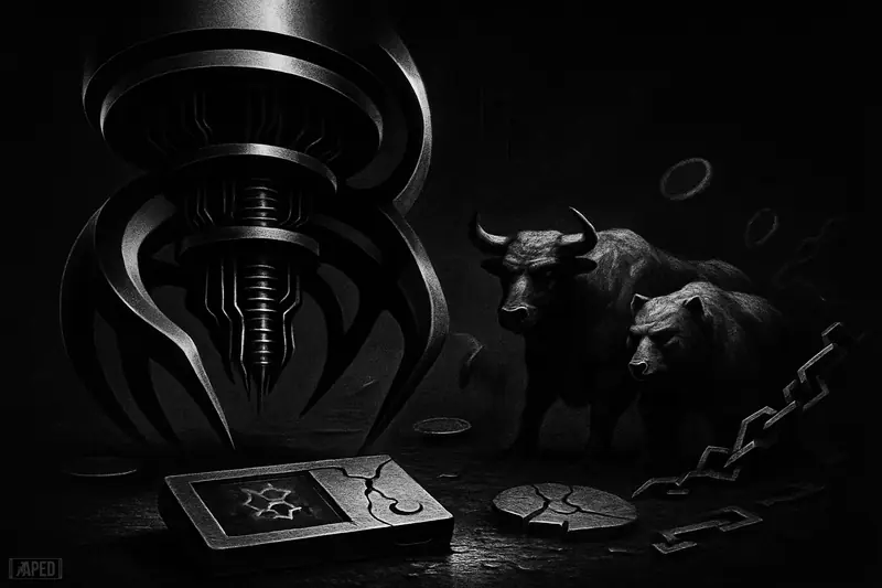 A looming quantum machine threatens a broken wallet and key, while a bull and bear watch tensely in a dark grayscale data-grid scene.
