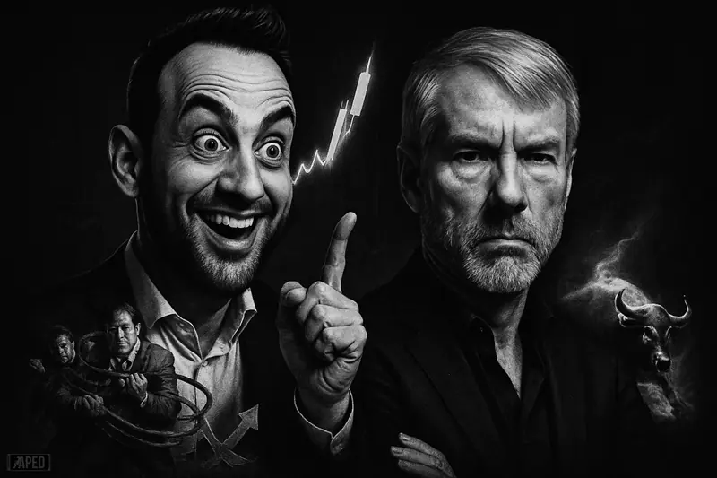 Ran Neuner and Michael Saylor as dramatic grayscale caricatures amid a violent Bitcoin short squeeze scene with charts, traders, and a charging bull.