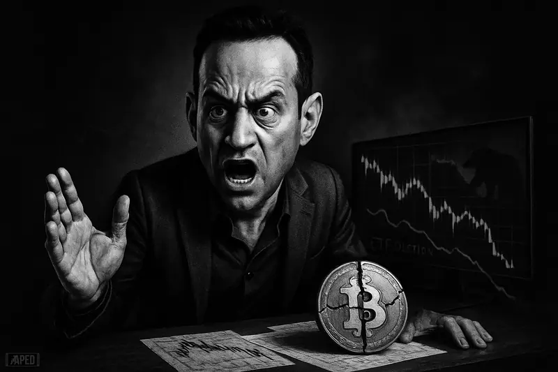Ran Neuner, exaggerated yet realistic, leans over a trading desk with broken Bitcoin symbolism and falling market charts in a dark grayscale scene.