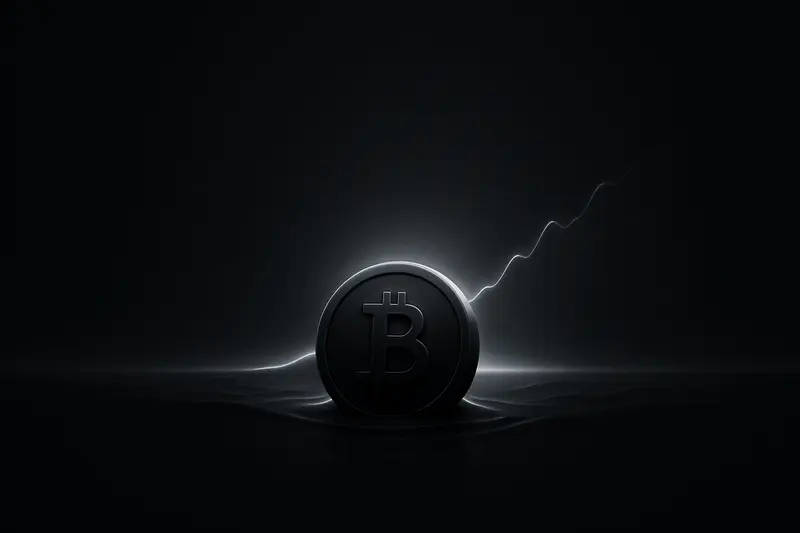 A dark scene with a glowing gold coin emerging from deep shadow into rising blue wave-like light on black.