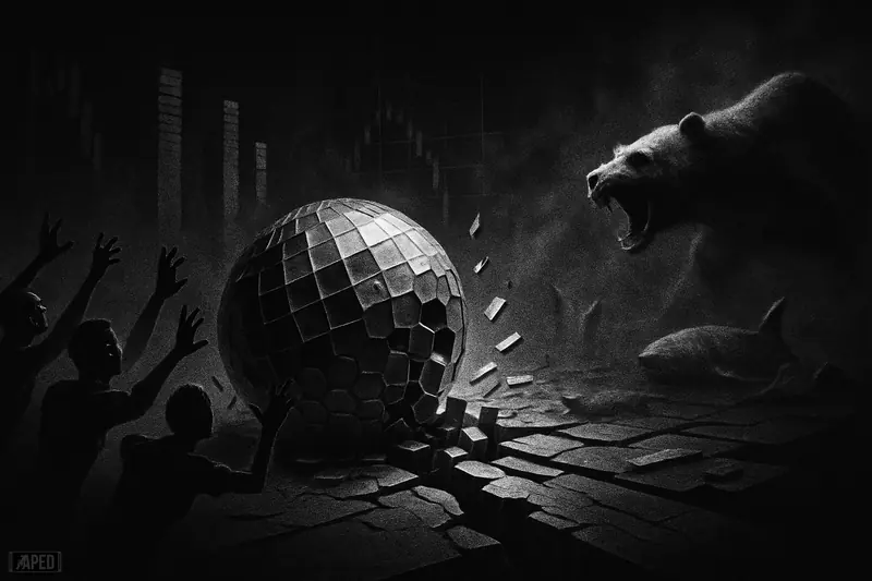 A shattered disco sphere crashes through a dark trading floor as panicked figures, a skeletal bear, and collapsing market structures surround it.