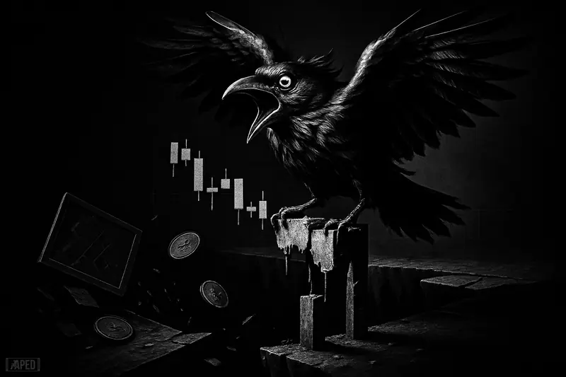 A panicked raven perched on a collapsing market ledge above a dark abyss, surrounded by falling trading debris in monochrome grayscale.