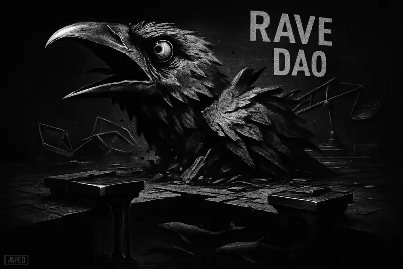 A shattered raven statue collapses over a dark trading floor as black liquid spills into an abyss beneath a faint data grid.